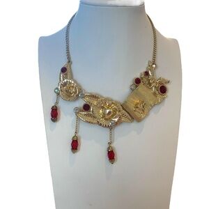 Signed EURODISNEY France gold metal choker bib necklace with rose flower